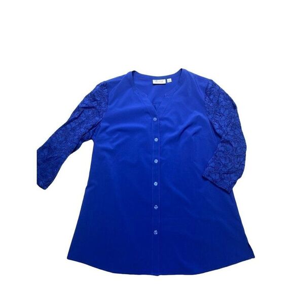 D&CO DENIM & COMPANY Blue Button Down Lace 3/4‎ Sleeve Top Sz Small - Picture 1 of 6